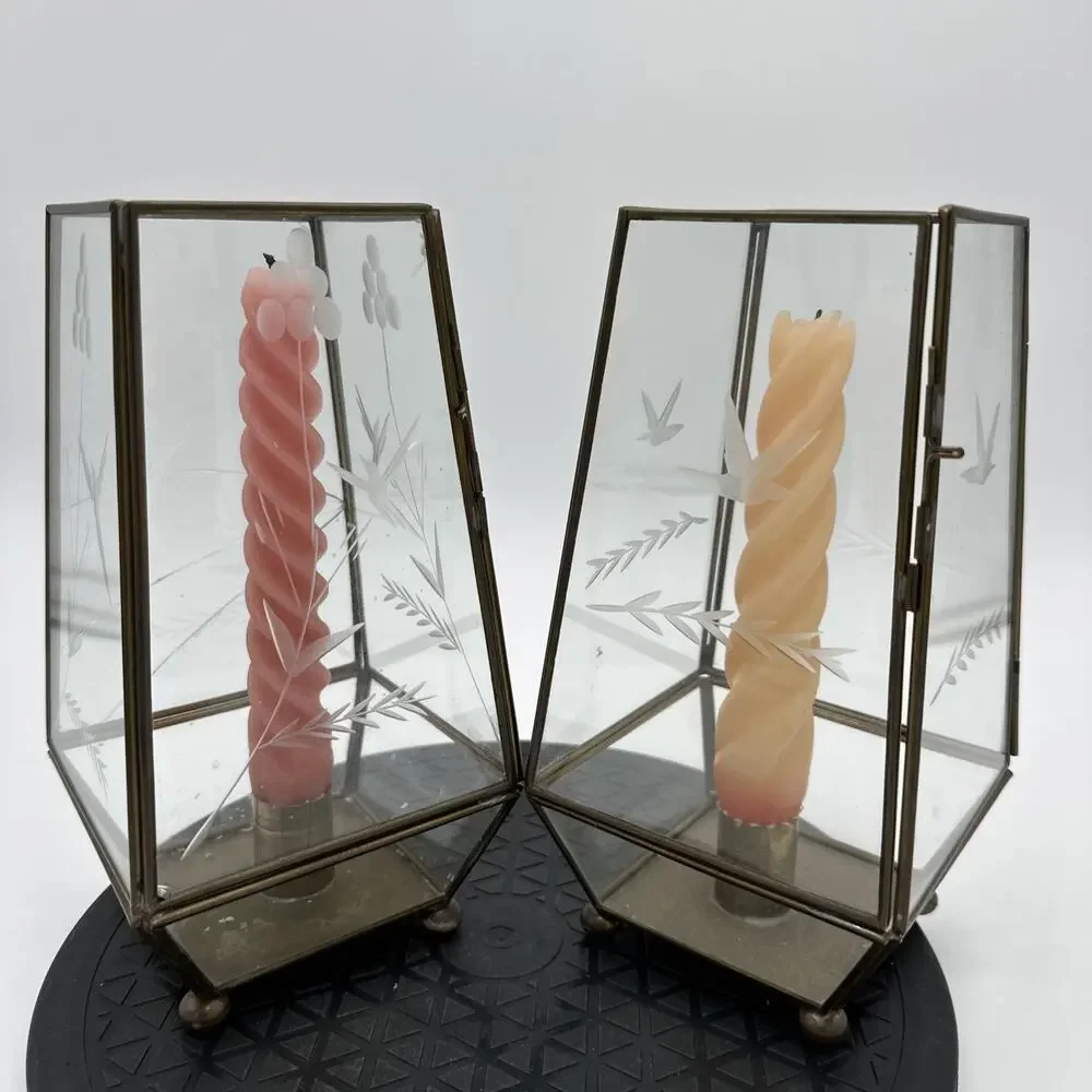 2 Vintage Brass & Glass Taper Candle Display Case Footed Flower Etched